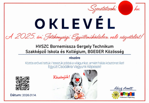 Elismerő oklevél jótékonysági munkánkért